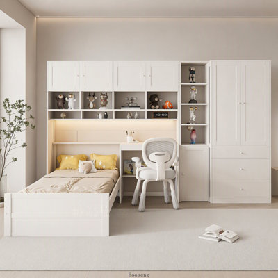 Lit plateforme simple en bois avec bureau, garde-robe, armoires, tiroirs et tablettes, gris, cadre de lit pour chambre d'enfant tout-en-un