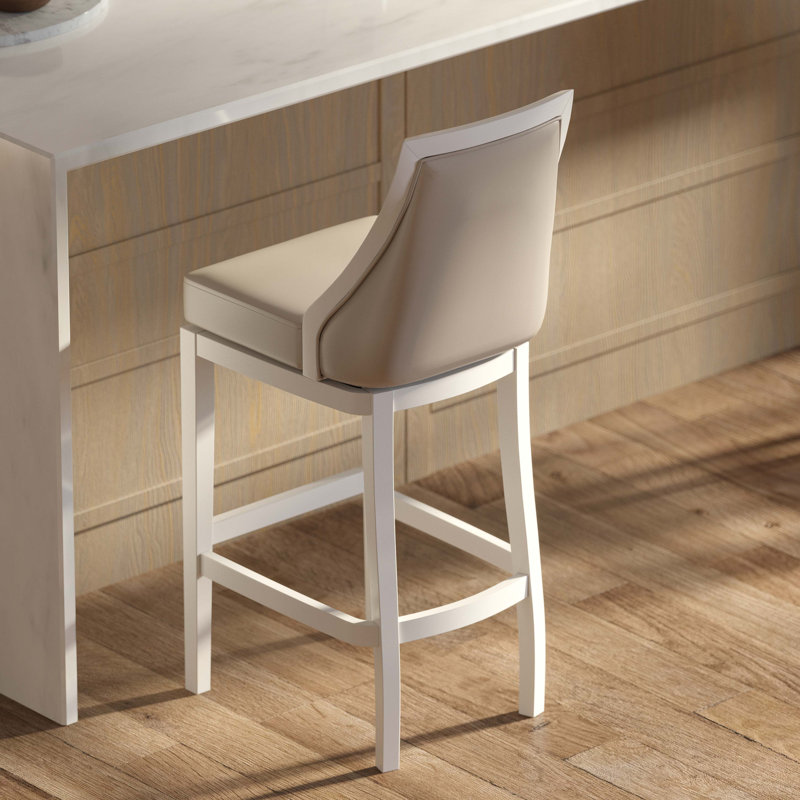 Tabouret de bar à dossier haut, blanc avec siège en similicuir gris