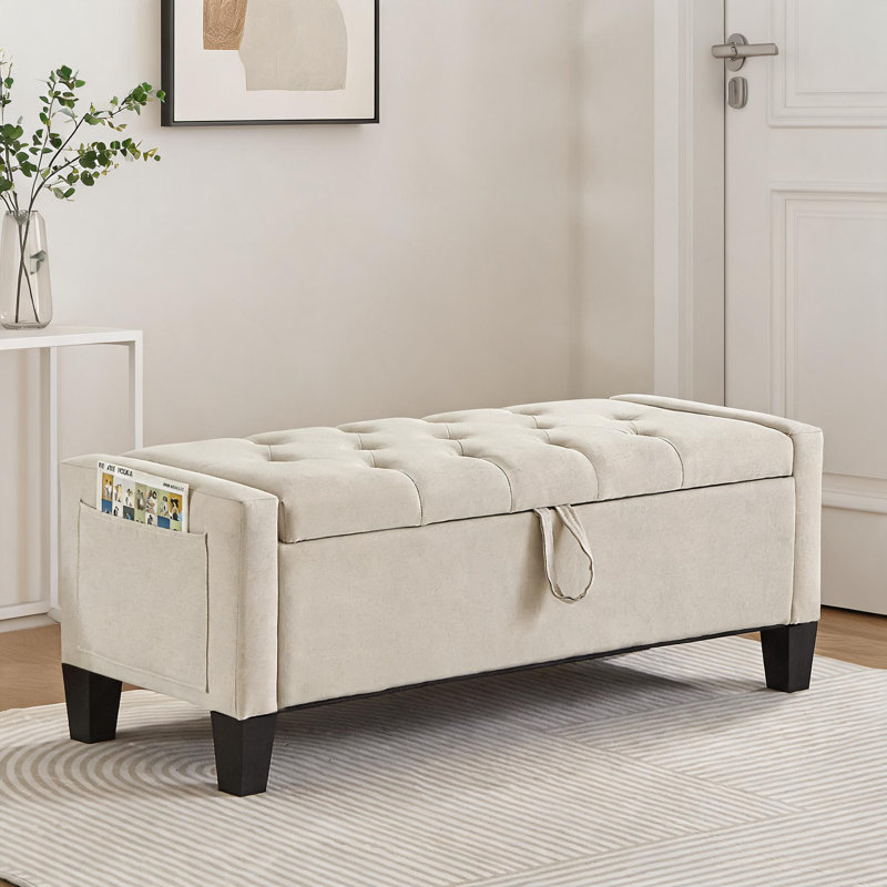 2-Seat Storage Ottoman Bench Entryway Bedroom Soft Beige Linen 45-Inch With 350 Lbs Weight Capacity, Cream