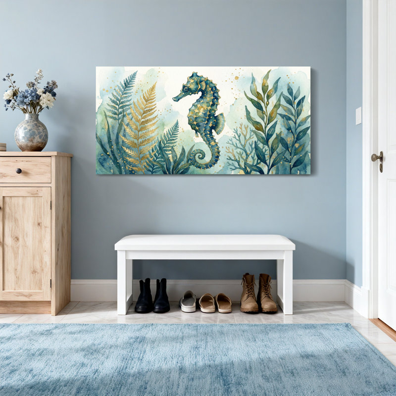 Illustration aquarelle animaux, hippocampes, plantes aquatiques, H 24 po x l 48 po