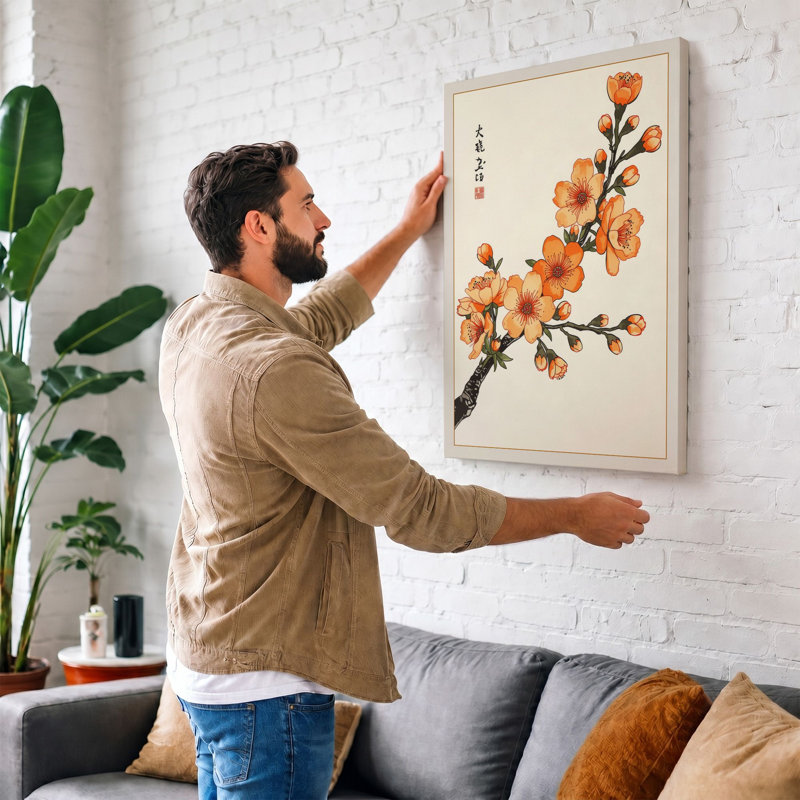 Blossoming Branch Japandi 1 Piece Wrapped Canvas Wall Art, 30x20 - 76.2 x 50.8 cm, Taupe Border