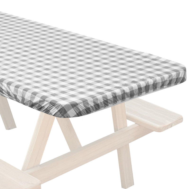 Gray and White Checkered 72'' x 30'' Fitted Vinyl Tablecloth with Flannel Backing