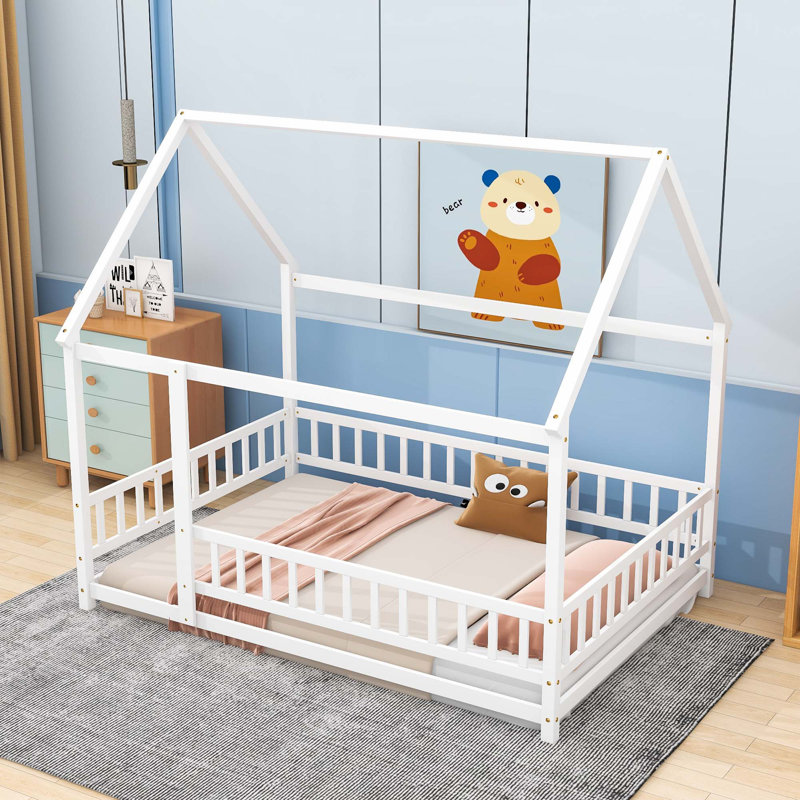 Lit sur pied en bois avec rails de sécurité et toit, Double, Blanc