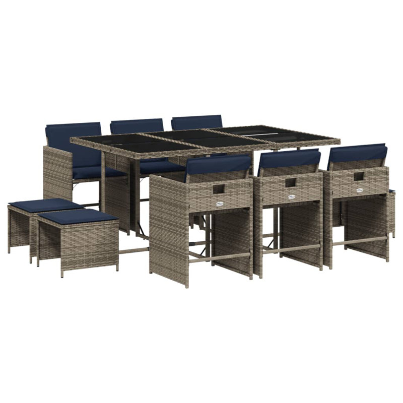 Ensemble repas 11 pièces avec coussins en rotin Vidaxl, Bleu, Gris