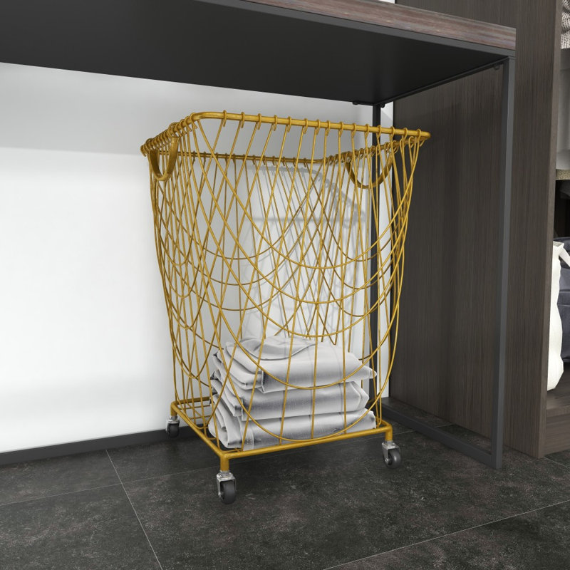 Metal Deep Set Metal Mesh Laundry Basket Storage Cart with Wheels and Handles, Gold, Medium ( 24" H x 16.85" W x 16.55" D)
