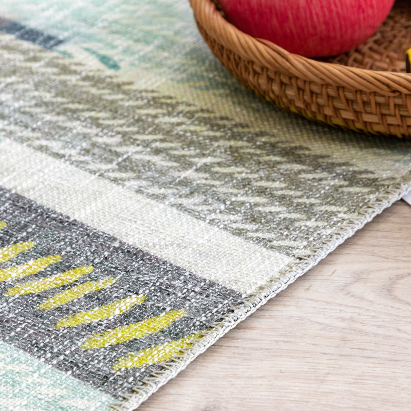 Blue and Yellow Abstract Washable Non-Slip Synthetic Rug