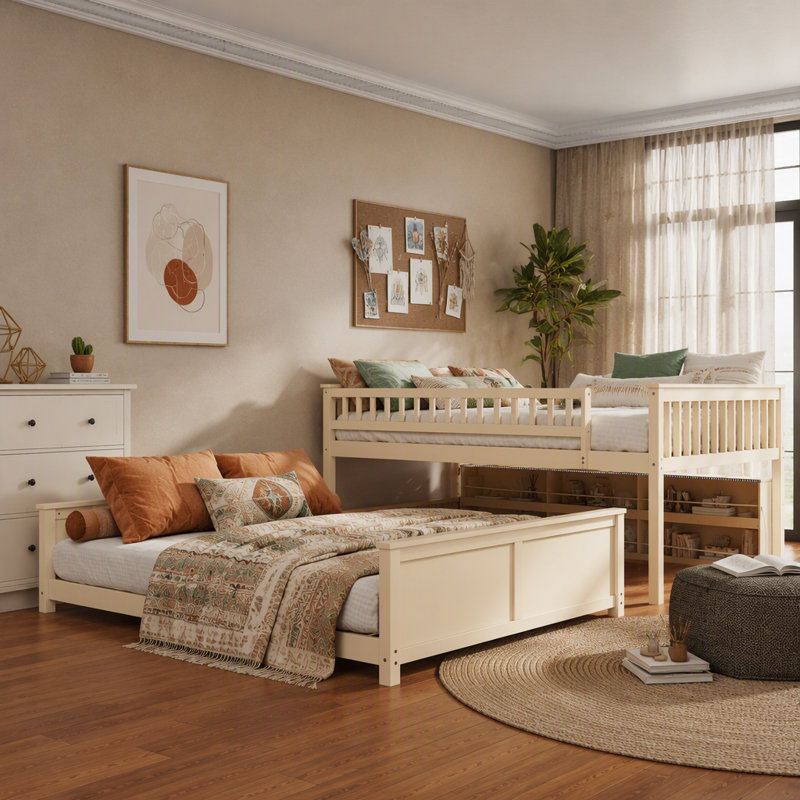 Lit double superposé au-dessus de grand lit double avec tablettes intégrées, lumières à changement de couleur et panneau perforé, beige