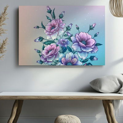 Toile, "Un arrangement vibrant de grandes fleurs en fleurs dans différentes nuances", art mural rose mauve et bleu en cascade gracieusement