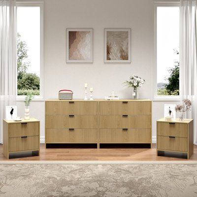 Fluted Dresser And Nightstand Sets, 4 Piece Bedroom Set, Modern Dresser & Chest Of Drawers With 6 Drawers, Set Of 2 Nightstands End Table, Natural Oak