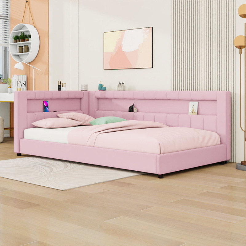 Daybed Frame with USB Ports and LED Lights, Twin XL, Pink