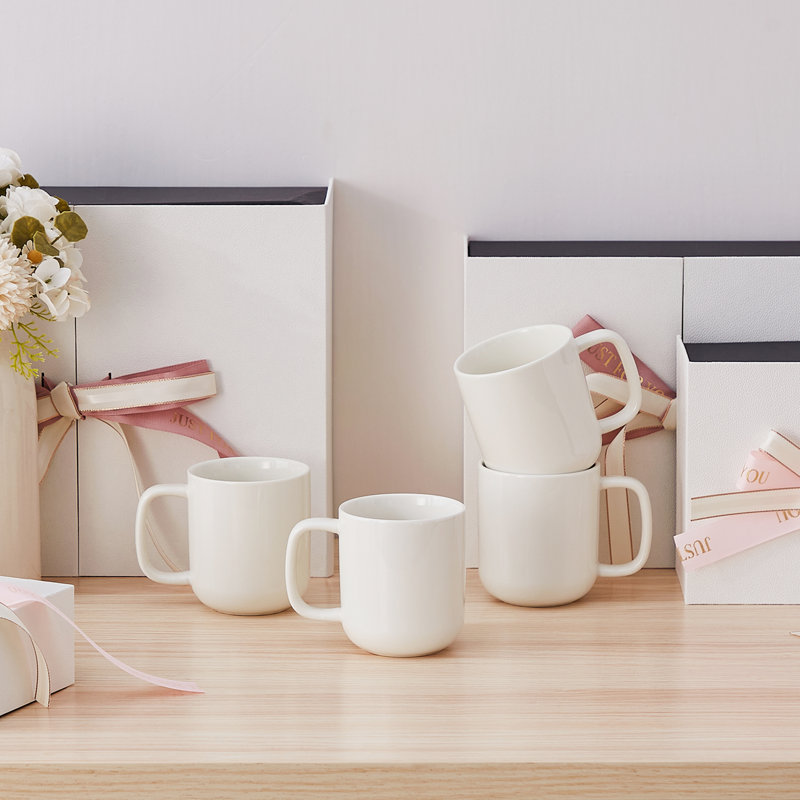 Ensemble de 4 tasses en céramique blanche avec rebord incurvé sculpté | 11 tasses à café 11 oz, design moderne, 12 oz