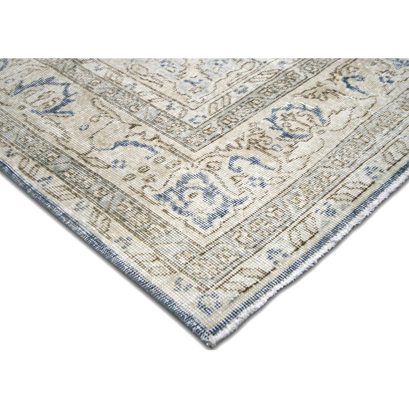 Tapis beige / bleu en laine noué à la main de conception unique 6 pi 11 po x 10 pi 3 po années 1960