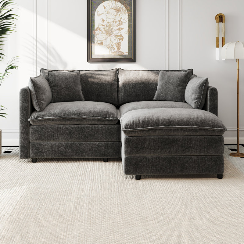 Canapé-lit en chenille moderne avec repose-pieds, Gris chenille, H 33,85 po x l 77,16 po x P 35,82 po