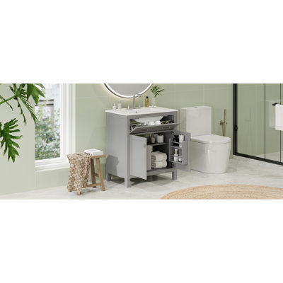 30" Bathroom Vanity Cabinet . Modern Grey With Ceramic Sink. 2 Doors & Drawer. Soft Close. Adds Elegance To Cabinet. U-Shaped Shelf. Increases Storage Capacity