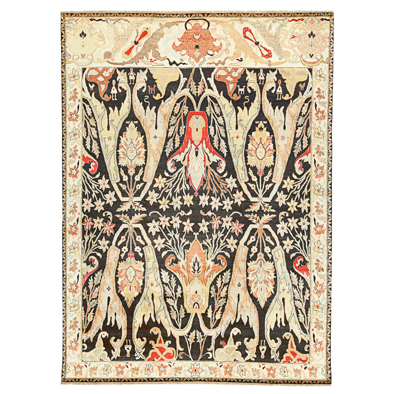 Tapis noir et ivoire de haute qualité noué à la main