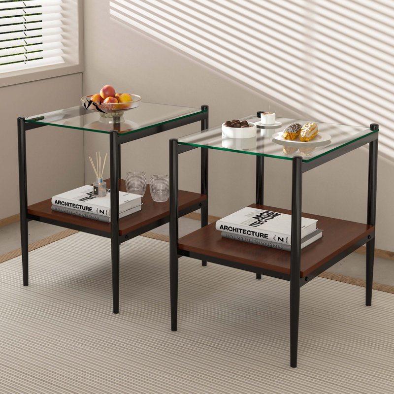 Set of 2 Rectangle End Table, Tempered Glass Tabletop with MDF layer, Glass, Transparent, Black