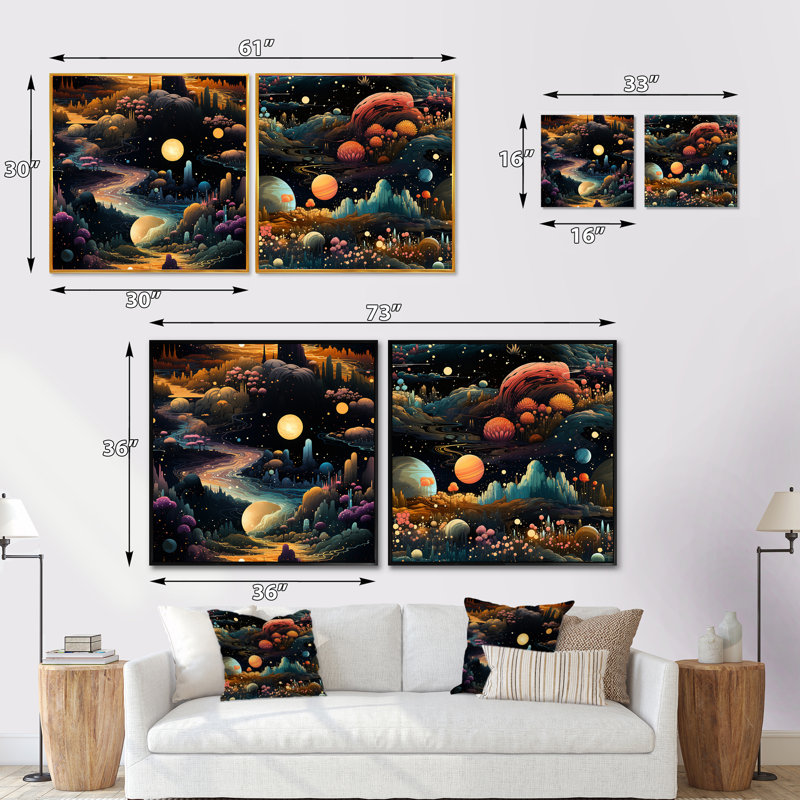 Fenouil - Ensemble de 2 collage de paysages abstraits carrés, H 30 po x l 61 po, Cadre flottant brun