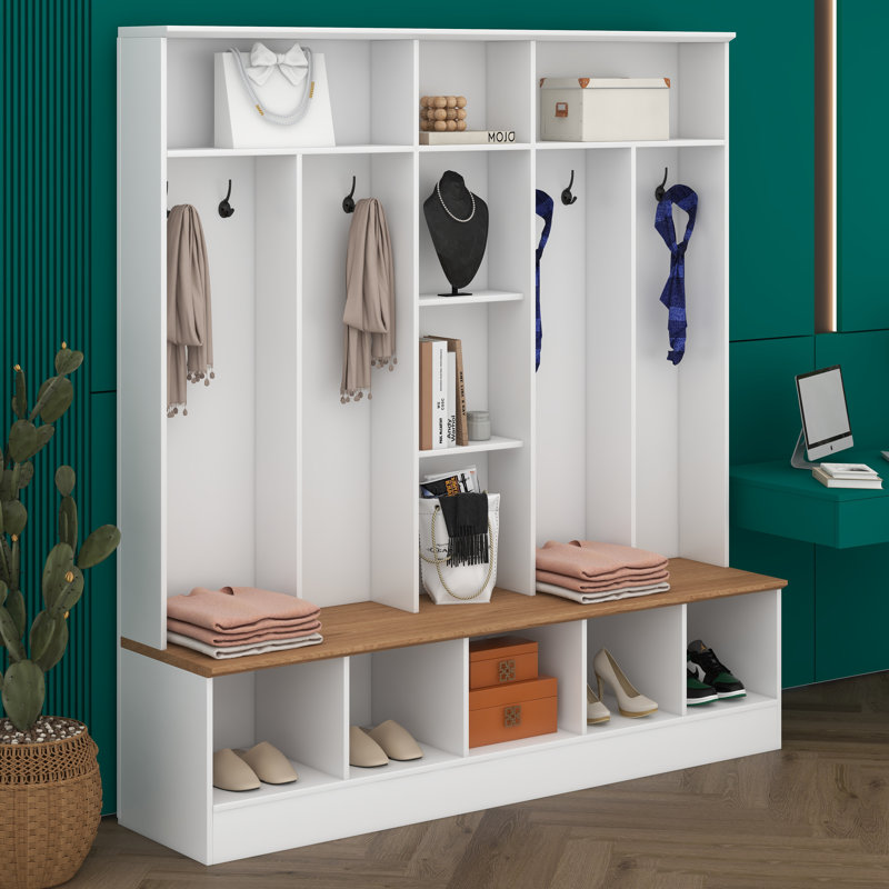 Arbre d'entrée 4 en 1 avec banc de rangement, armoire à chaussures minimaliste avec rangement et tablettes cubiques, portemanteau avec 8 crochets