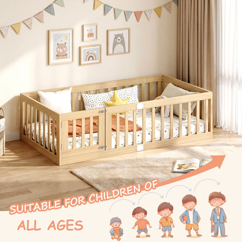 Solid Wood Toddler Bed, Twin Kids Floor Bed, Montessori Floor Bed with Guardrail, Easy Assemble Toddler Floor Bed for Kids, Natural