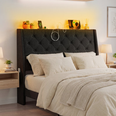  Grande tête de lit tapissier ergonomique avec rangement pour grand lit, tête de lit à oreilles capitonnée en lin moderne avec lumières DEL et station de charge, adaptateur pour supports de cadre de lit, hauteur réglable, assemblage facile, noir
