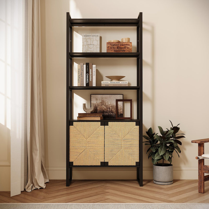 Étagère de rangement à porte d'armoire en rotin naturel, étagère ouverte à double fonction avec armoire fermée pour le salon, le vestibule et la chambre à coucher