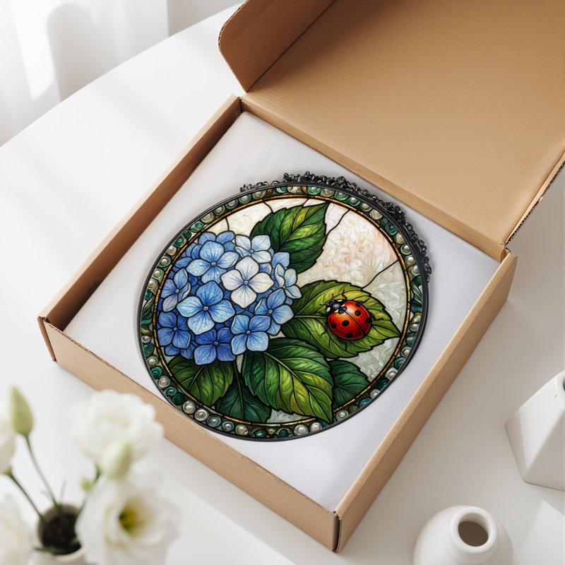 Panneau de vitrail 12 "H Flower Ladybug, H 12 po x l 12 po