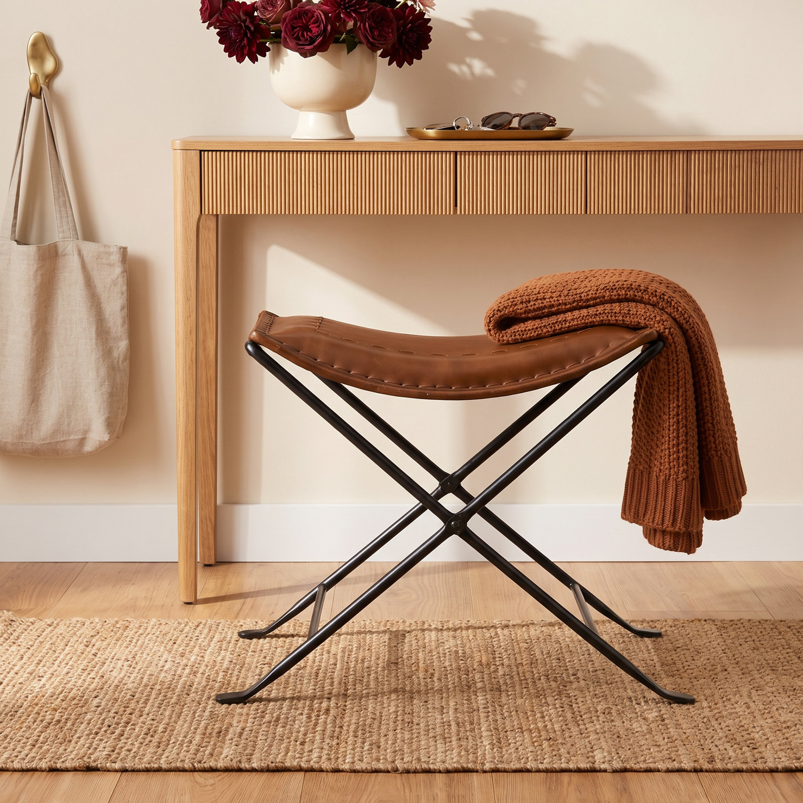 Sanford Genuine Leather Utility Stool, Brown Genuine Leather