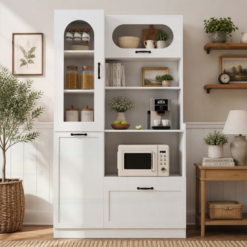 Armoire de cuisine autoportante haute avec porte vitrée cintrée, porte relevable et tablettes réglables pour un rangement efficace