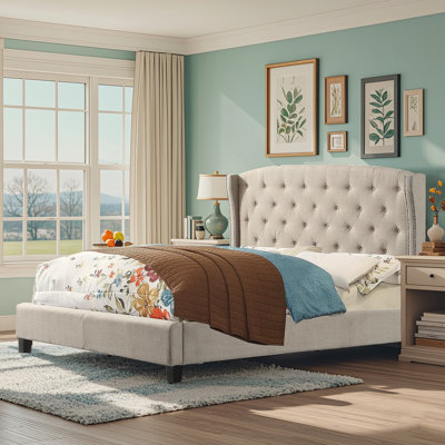 Upholstered Wingback Platform Bed, Bed Frame with Nailhead Trimmed Wingback and Button-Tufted