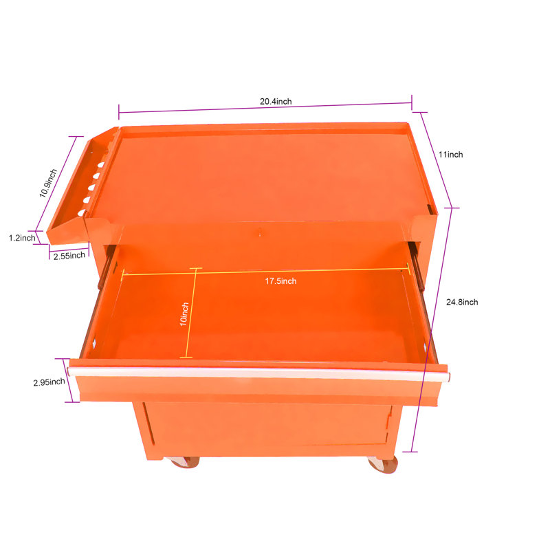 5 coffres à outils en métal avec roues verrouillables et trous de crochet - Poignées latérales de rangement orange, Orange