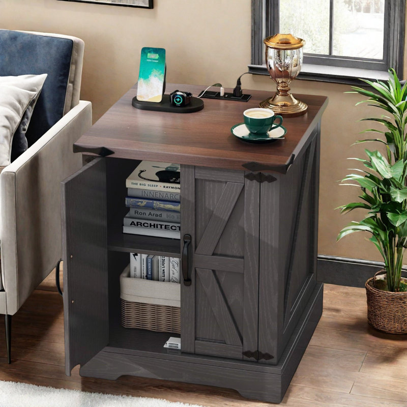 Farmhouse End Table With Charging Station, An Adjustable Shelf And Black Handles And Hinges , Gris
