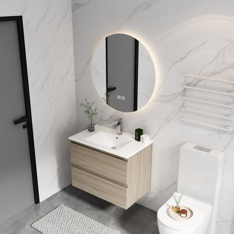 Meuble-lavabo 24 po en chêne, lavabo en céramique, meuble-lavabo 2 tiroirs avec tiroirs, excellente construction, Blanc