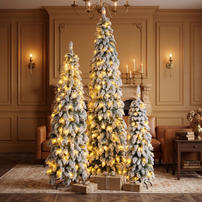 Ensemble de 3 sapins de Noël en forme de crayon, décorés de flocons de neige, sapins artificiels préilluminés avec lumières multicolores, décorations de Noël en PVC articulées