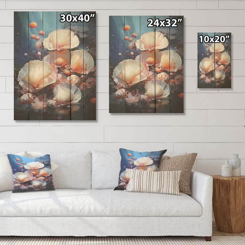 «Underwater Dreams Aquatic Clam», art mural sur bois de pin naturel, H 40 po x l 30 po
