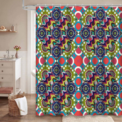 Rideau de douche décoratif géométrique bleu avec 12 crochets
