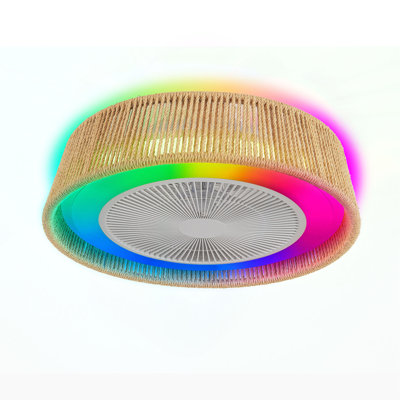 21" Modern Rustic Ceiling Fan Light with LED RGB Mood Lighting, Rope Woven Design, Quiet Fan, Semi Flush Mount for Bedroom, Living Room, or Dining Room ((Silent/6-Speed/Reversible/DC Motor))