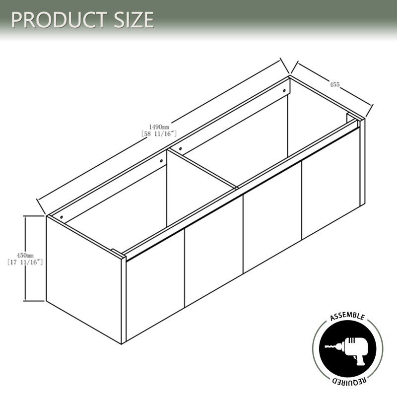 Base de meuble-lavabo mural 60 po avec portes à fermeture douce, chêne imitation