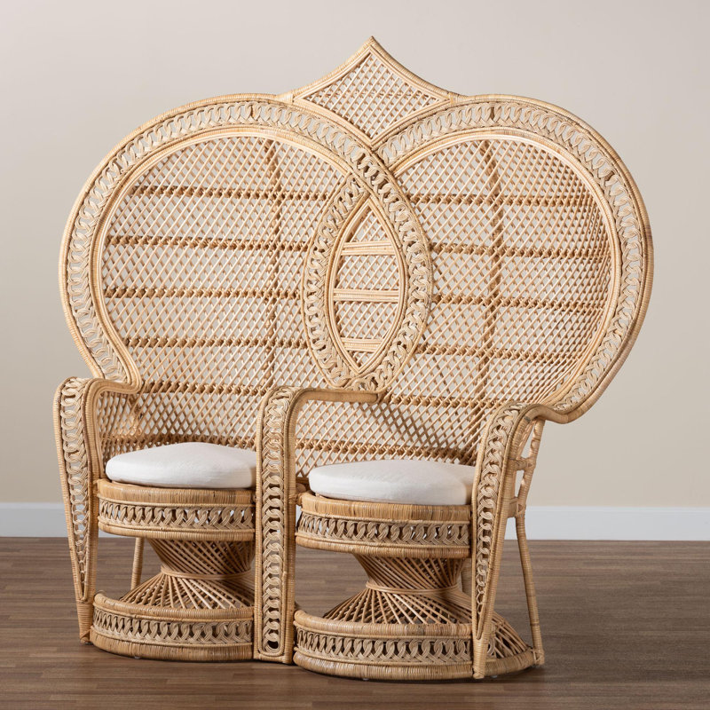 Handcrafted Bohemian Natural Brown Rattan Two-Seater Peacock Chair