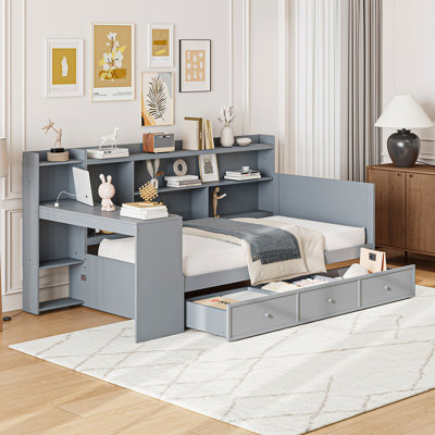 Lit de jour polyvalent en bois avec trois tiroirs, ports USB et bureau, idéal pour travailler, étudier et se reposer confortablement