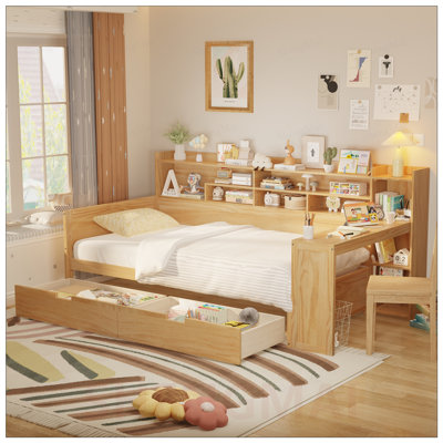 Wooden Twin Size Daybed with Storage Shelves, Multi-functional Bed with 2 Drawers and Study Desk