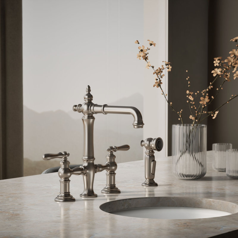 Artifacts® Bridge Faucet with Side Spray, Vibrant Stainless, Lever Handle