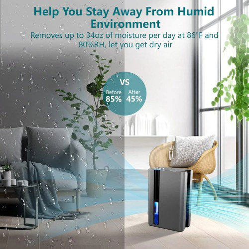 Déshumidificateur silencieux de 2,8 l avec ioniseur et purificateur d'air - Dual-Core, arrêt automatique, veilleuse et mode veille - Déshumidificateur portable pour chambre à coucher, sous-sol, bureau, garde-robe