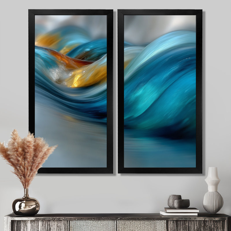 «Yellow Blue Wave Rhythmic River - Coastal Wall Art», reproduction sur toile jaune 2 pièces, H 40 po x l 40 po, Noir