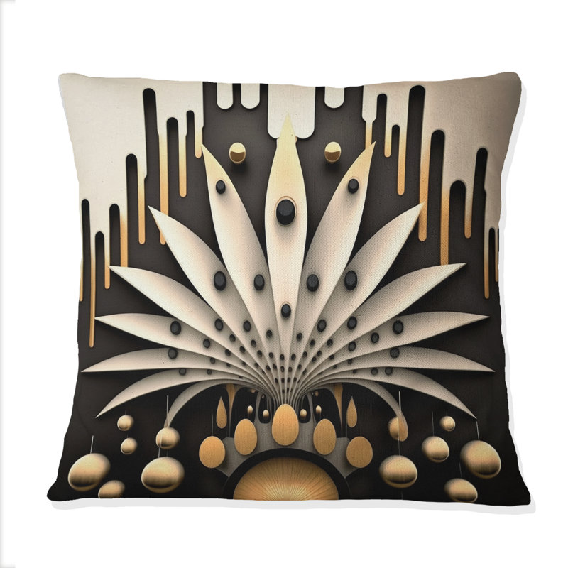 Coussin décoratif à motif géométrique abstrait à feuilles blanches et gouttelettes dorées