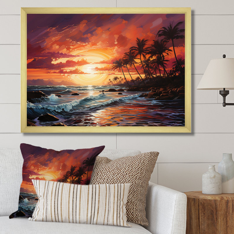 Palmiers sur un coucher de soleil coloré III - impression, Encadrement doré, H 30 po x l 40 po x P 1,5 po