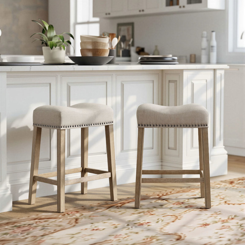 Oenone Backless Bar Stools, Upholstered Saddle Seat With Nailhead Trim, Weathered Wood Legs - Set of 2, Natural, Beige