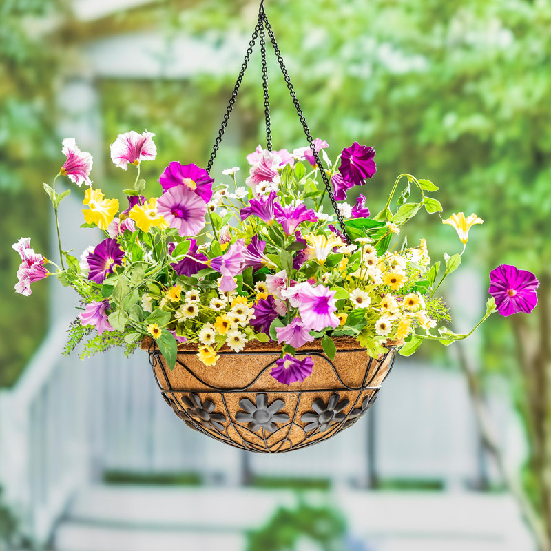 Hanging Metal Planter with Coco Liner, Flowers
