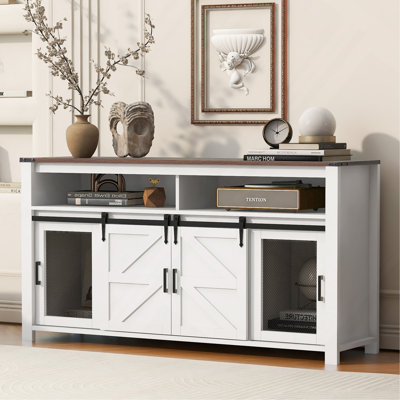 Sideboard 59.3" With Sliding Barn Door And Mesh Panels, Farmhouse Buffet Cabinet With Open Storage