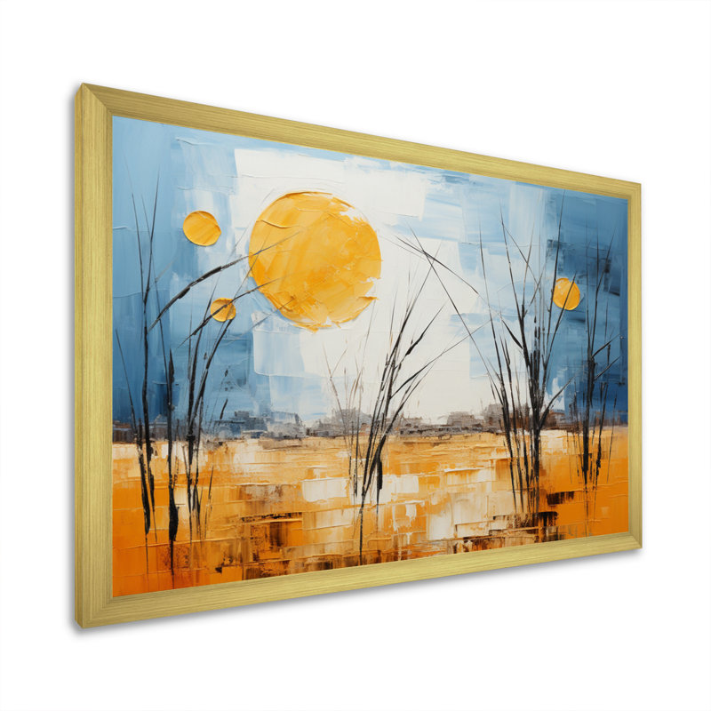 Jaune, bleu, prairies, or et ciel, sur toile, H 34 po x l 44 po x P 1,5 po, Encadrement doré