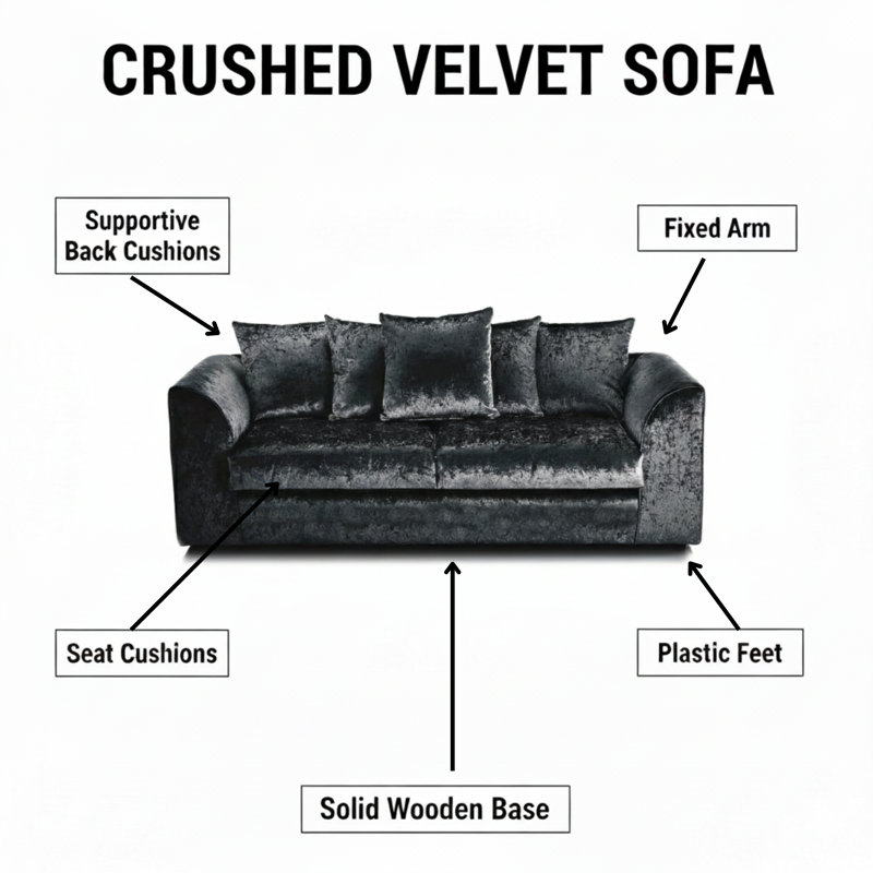 100% Crushed Velvet 3 Seater Sofa, Black